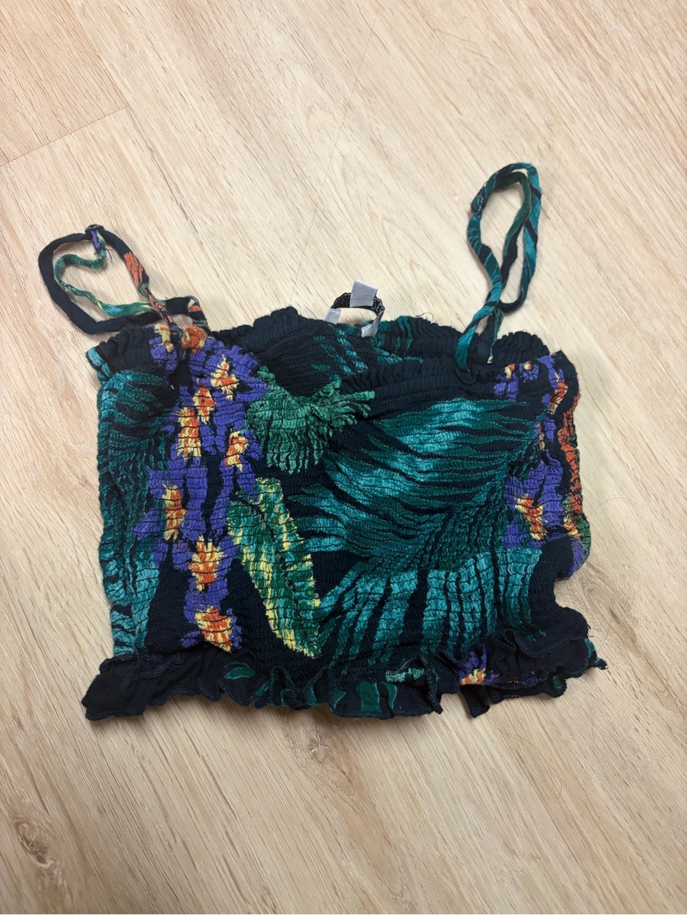 Smocked Tropical Print Crop Tank Top - Green